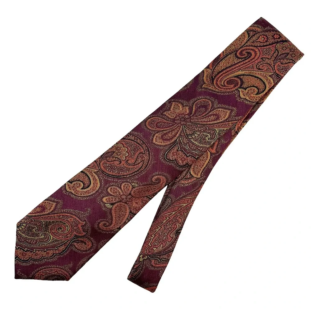 JOSEPH ABBOUD Men's Wool &‎ Silk Paisley Neck Tie • burgundy, orange, yellow